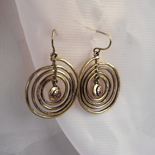 Bohemian Gold Pinwheel Dangle Earrings - Drop Earrings with Fish Hook Backing
