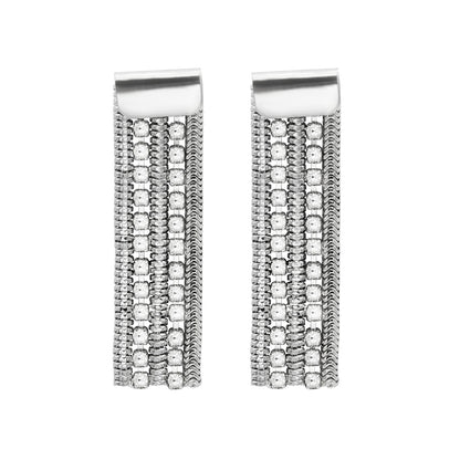 Elegant Silver Tone Cubic Zirconia Chain Drop Dangle Earrings with Post Back, 1.5 Inch Length