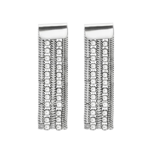 Elegant Silver Tone Cubic Zirconia Chain Drop Dangle Earrings with Post Back, 1.5 Inch Length
