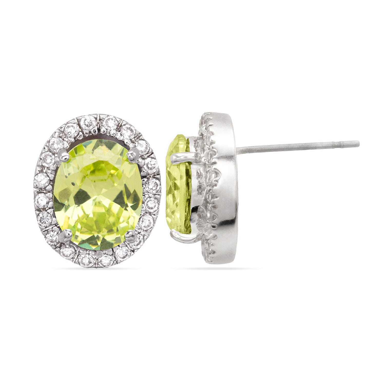Green Peridot Cubic Zirconia Stud Earrings Silver Tone August Birthstone