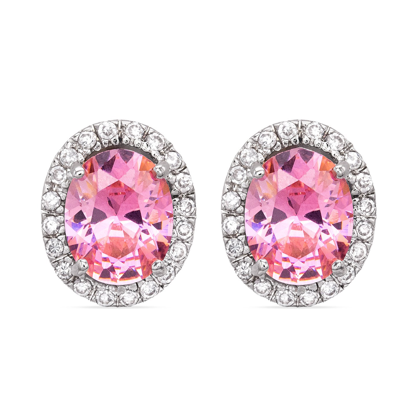 Pink Tourmaline Cubic Zirconia Stud Earrings Silver Tone October Birthstone