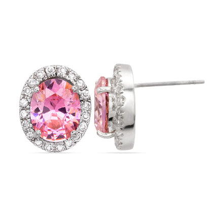 Pink Tourmaline Cubic Zirconia Stud Earrings Silver Tone October Birthstone