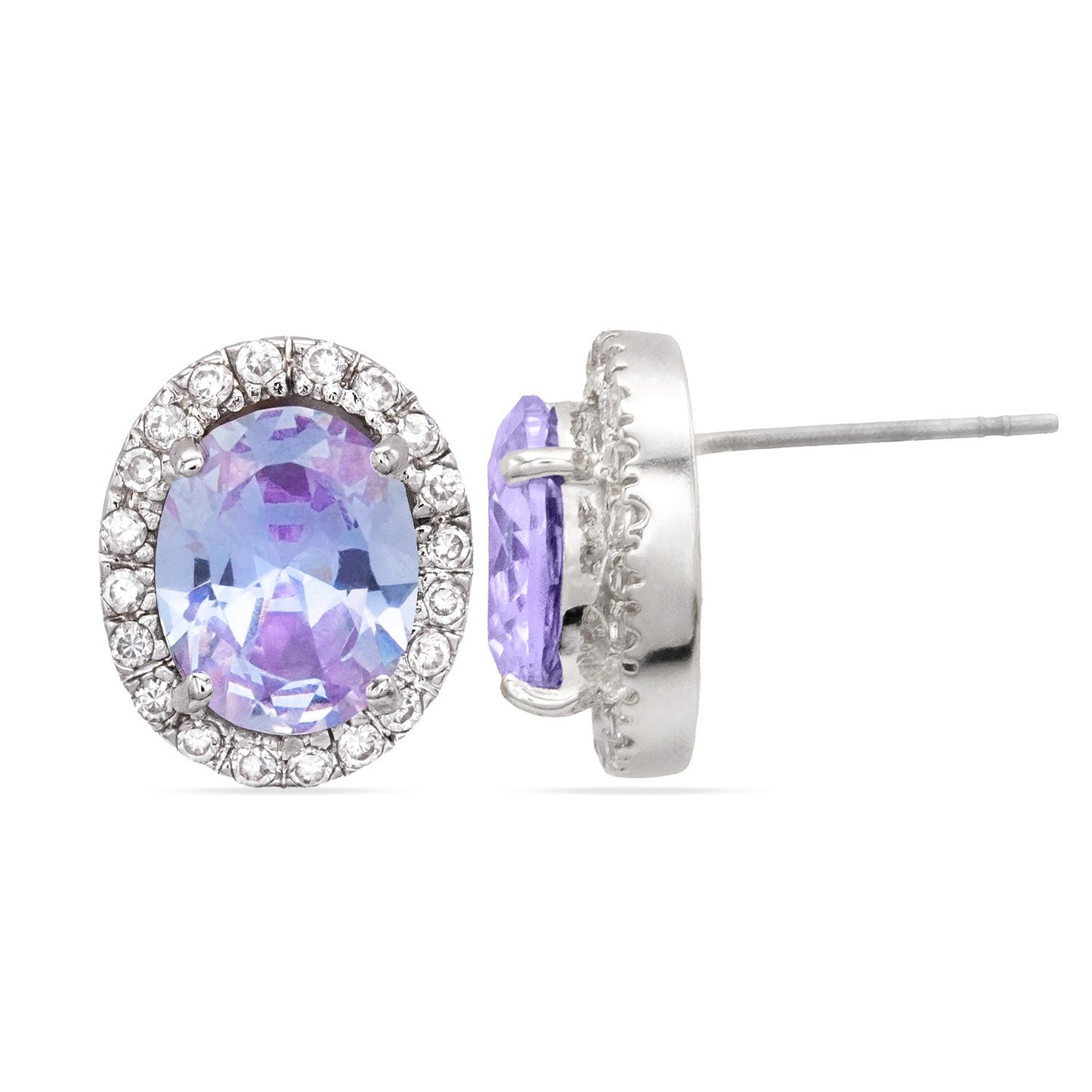 Amethyst Cubic Zirconia Stud Earrings Silver Tone February Birthstone