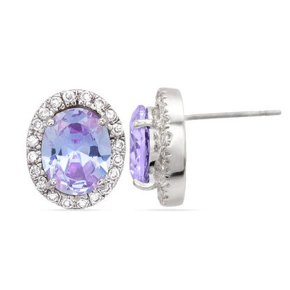 Amethyst Cubic Zirconia Stud Earrings Silver Tone February Birthstone