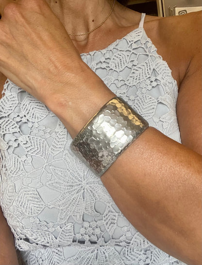 Wide Hammered Silver Tone Statement Cuff Bracelet Modern European Style