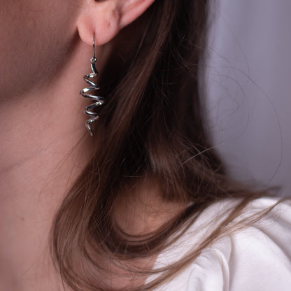 Silver Tone Spiral Twist Dangle Drop Earrings 1.75 Inch Long Lightweight Fashion Jewelry