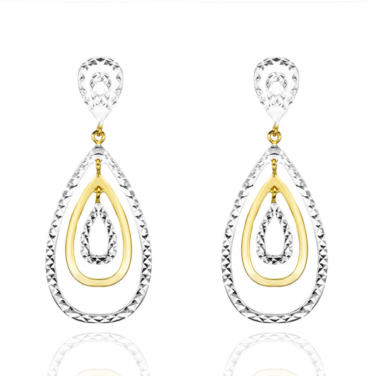 Elegant 14k Yellow and White Gold Plated Sterling Silver Dangle Earrings Modern 1-3/4" Teardrop Design Women's Design