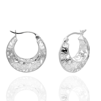 Elegant 14k White Gold Plated Sterling Silver Open Filigree Hoop Earrings