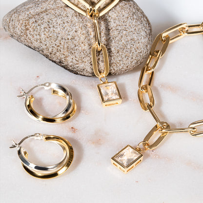 Elegant 14k White and Yellow Gold Plated Sterling Silver Women's Hoop Earrings
