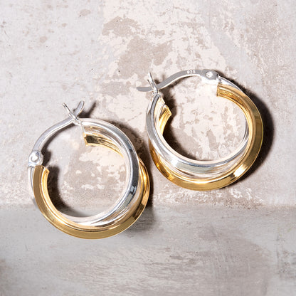 Elegant 14k White and Yellow Gold Plated Sterling Silver Women's Hoop Earrings