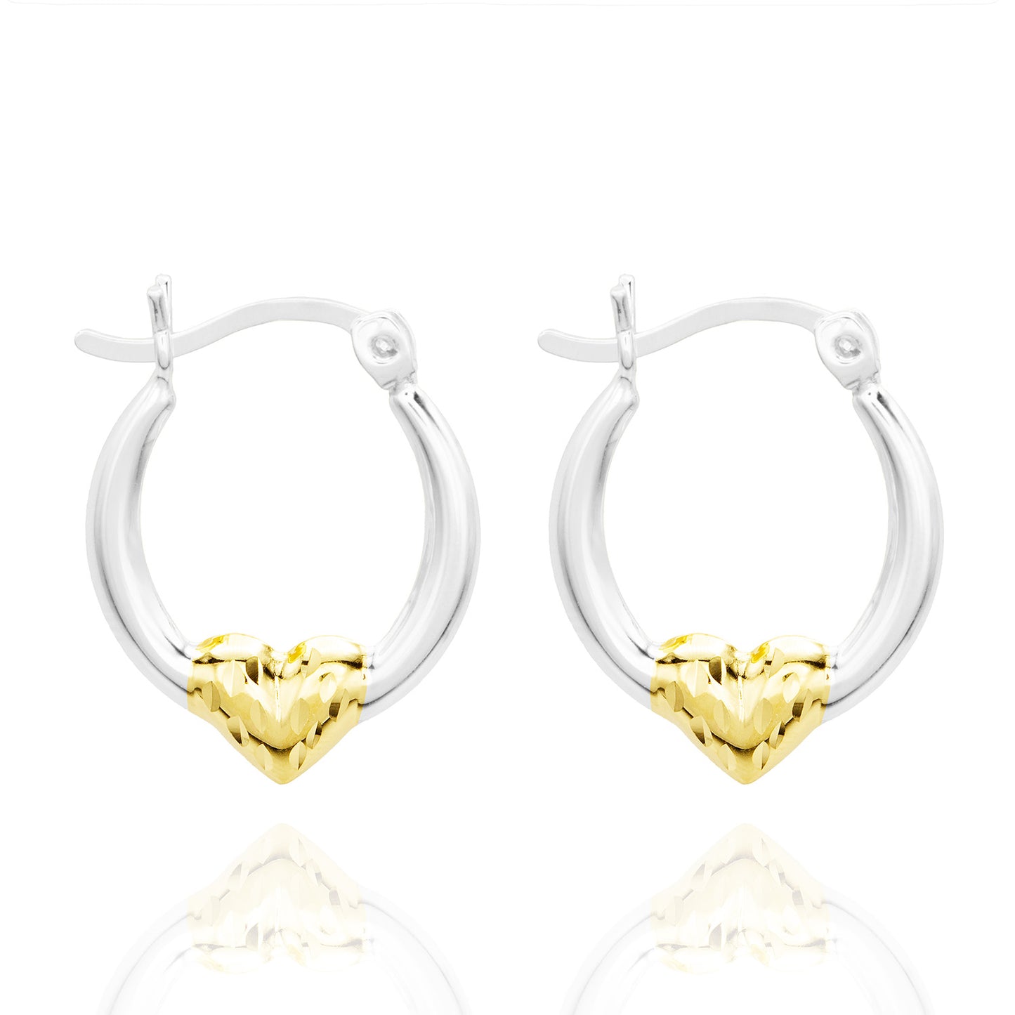 Elegant 14k White with Yellow Gold Plated Accents Sterling Silver Heart Design Hoop Earrings