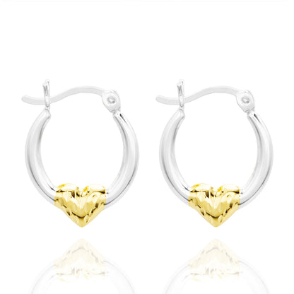Elegant 14k White with Yellow Gold Plated Accents Sterling Silver Heart Design Hoop Earrings