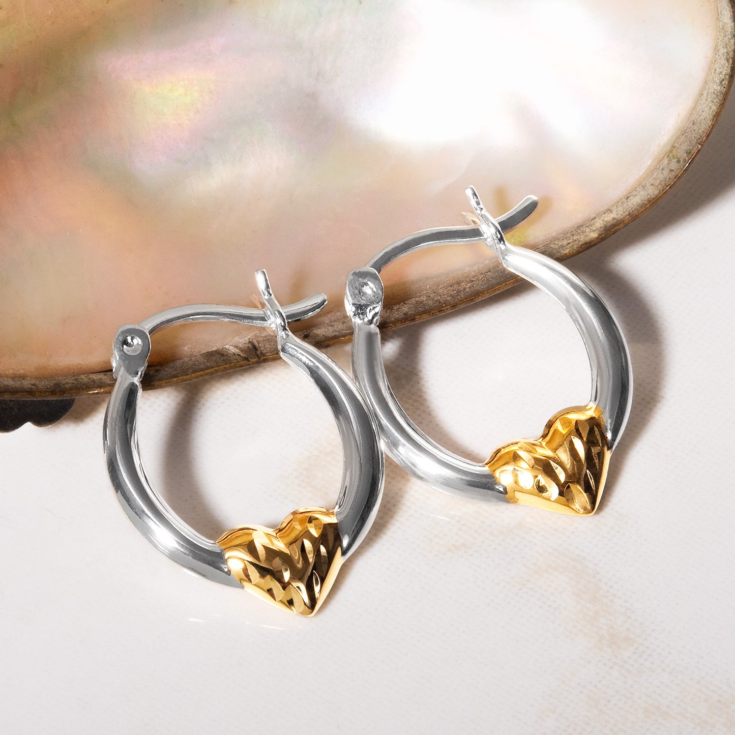 Elegant 14k White with Yellow Gold Plated Accents Sterling Silver Heart Design Hoop Earrings