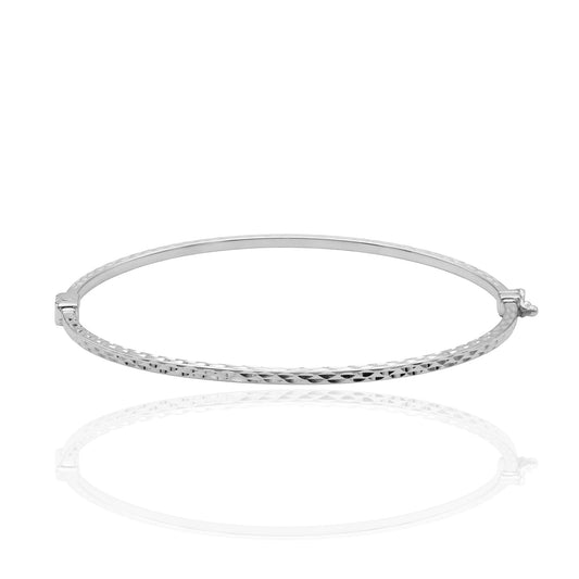 Women's 14kt White Gold Plated Sterling Silver Hinged Bangle Bracelet Faceted Design with Safety Foldover Clasp