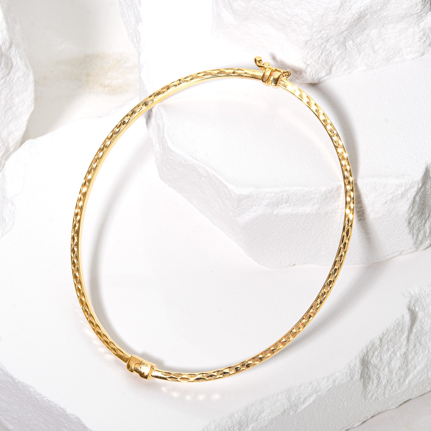 Women's 14kt Gold Plated Sterling Silver Hinged Bangle Bracelet Faceted Design with Safety Foldover Clasp