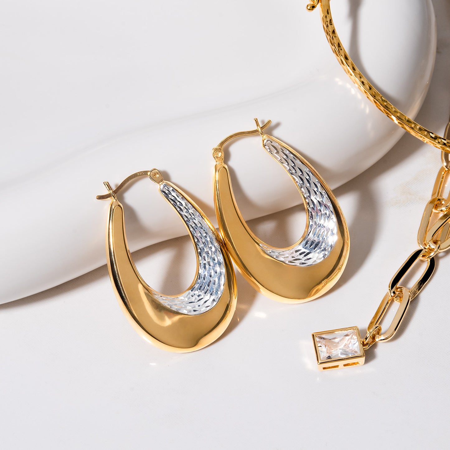 Elegant 14k Yellow and White Gold Plated Dangle Hoop Earrings Modern Women's Design
