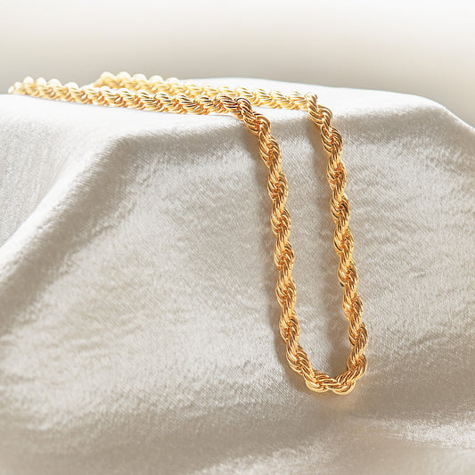 36 Inch Gold Plated Rope Chain Necklace - Classic Twisted Chain Design with Lobster Clasp