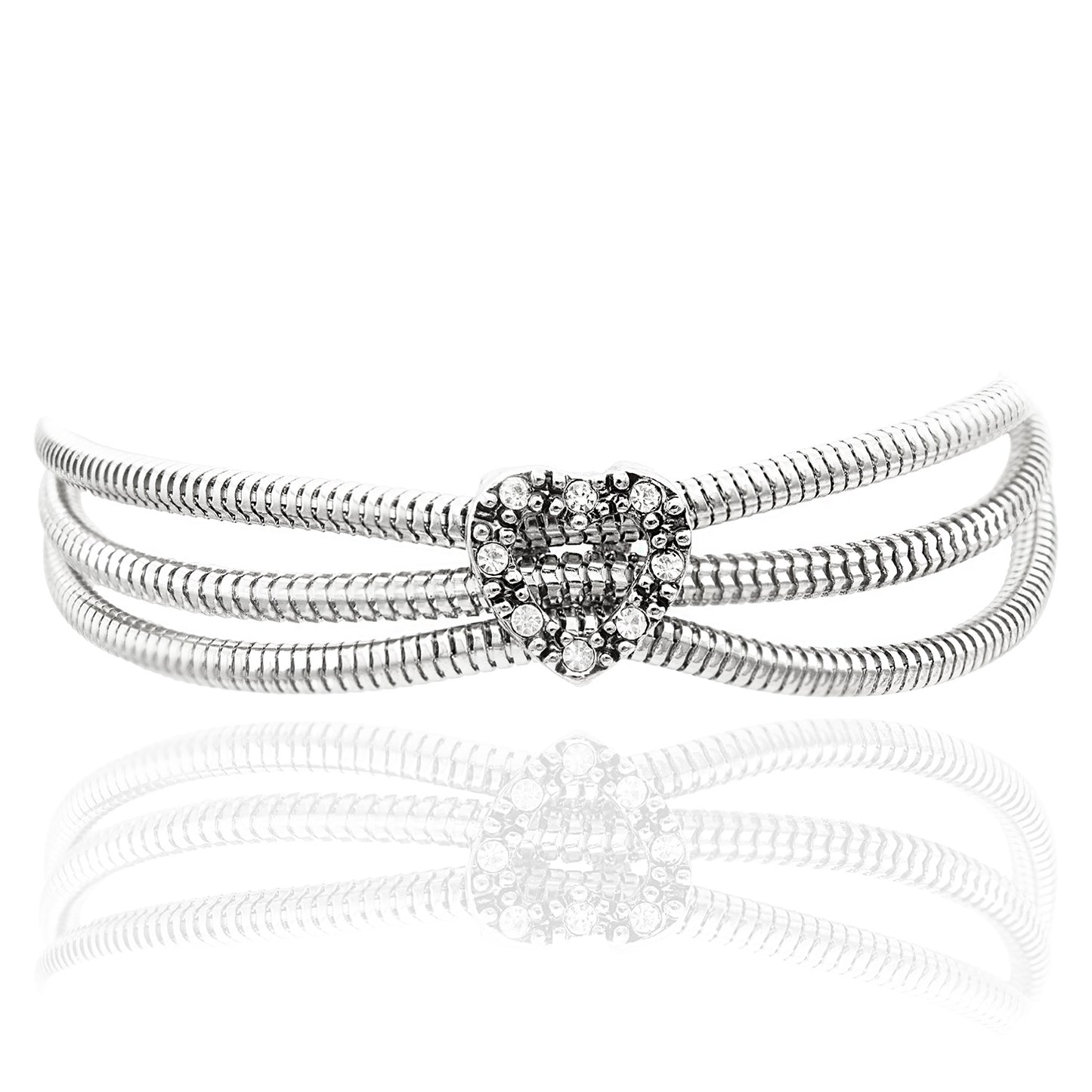 Austrian Crystal Heart Triple Strand Magnetic Bracelet Silver Tone