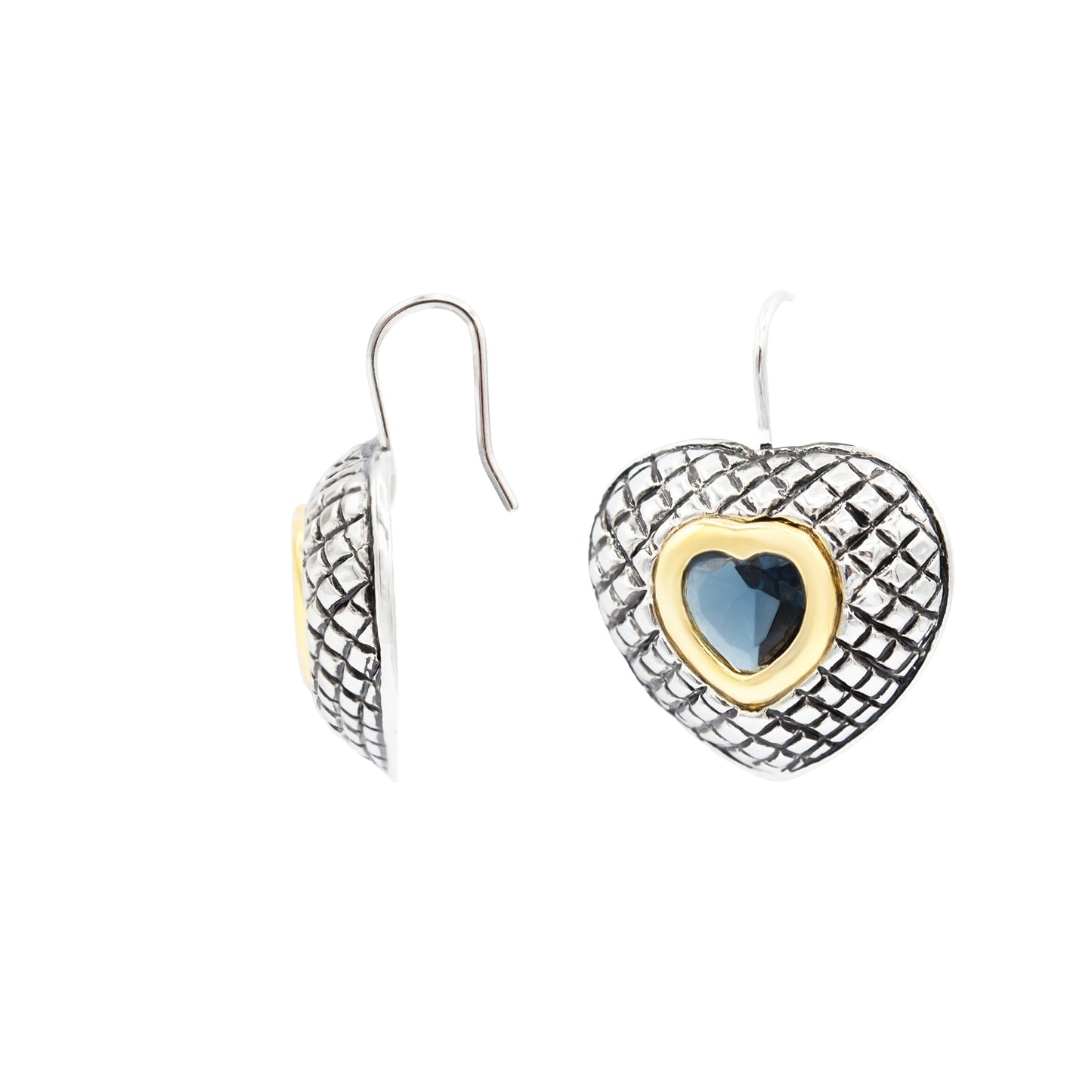 Sapphire Blue Heart Drop Earrings with Quilted Silver Design and Gold Design Accents