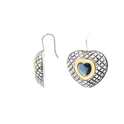 Sapphire Blue Heart Drop Earrings with Quilted Silver Design and Gold Design Accents