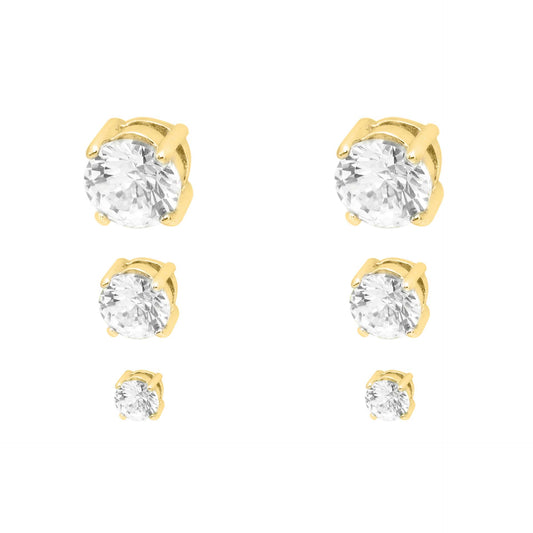 3 Pair Round Cubic Zirconia Stud Earrings Set in Gold Tone, Classic Crystal Clear CZ Post Earrings
