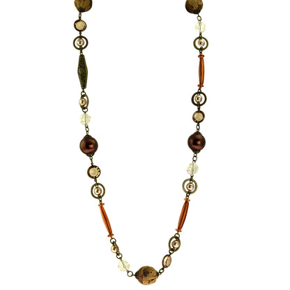 40 Inch Vintage Style Brown Mixed Bead Long Necklace with Antique Gold Tone Chain