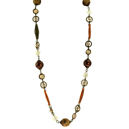 40 Inch Vintage Style Brown Mixed Bead Long Necklace with Antique Gold Tone Chain