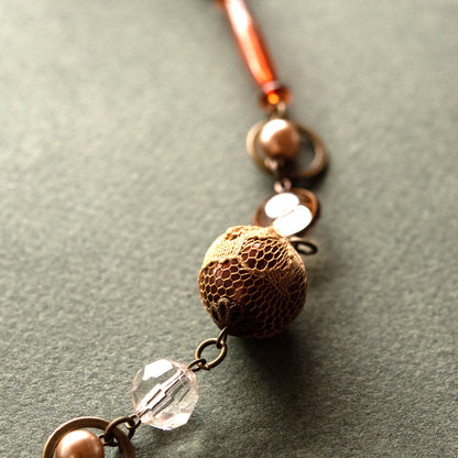 40 Inch Vintage Style Brown Mixed Bead Long Necklace with Antique Gold Tone Chain