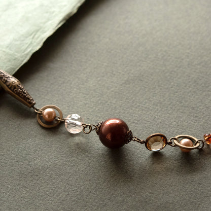 40 Inch Vintage Style Brown Mixed Bead Long Necklace with Antique Gold Tone Chain