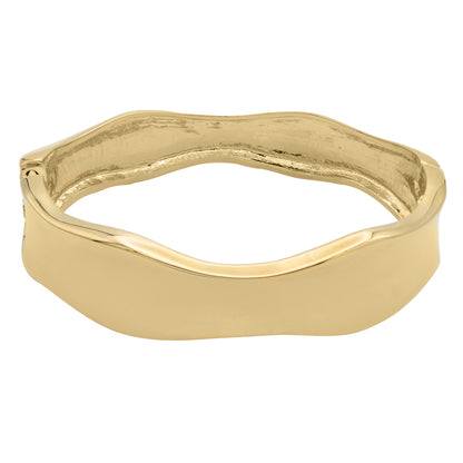 Modern Wavy Gold Tone Hinged Bangle Bracelet with Flowing Design