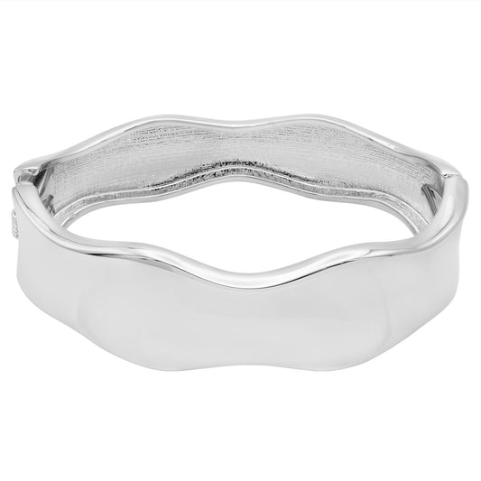 Modern Wavy Silver Tone Hinged Bangle Bracelet - Fashion Statement Cuff Bracelet with Flowing Design