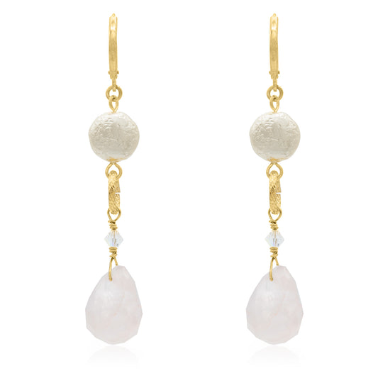 Bohemian Glass Pearl and Genuine Rose Quartz Dangle Earrings with Lever Back, 2.5 Inch Drop