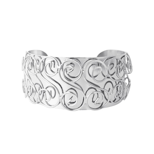 Wide Silver Tone Swirl Pattern Statement Cuff Bracelet with Raised Design