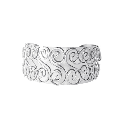 Wide Silver Tone Swirl Pattern Statement Cuff Bracelet with Raised Design