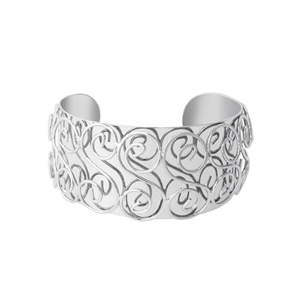 Wide Silver Tone Swirl Pattern Statement Cuff Bracelet with Raised Design
