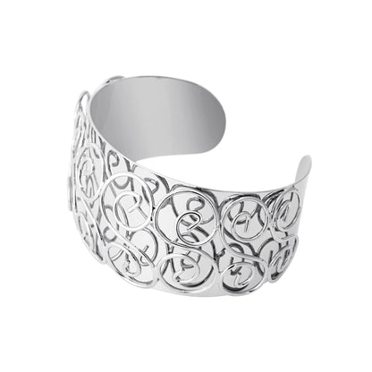 Wide Silver Tone Swirl Pattern Statement Cuff Bracelet with Raised Design