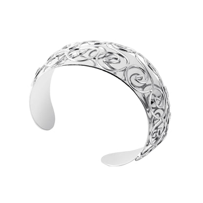 Wide Silver Tone Swirl Pattern Statement Cuff Bracelet with Raised Design