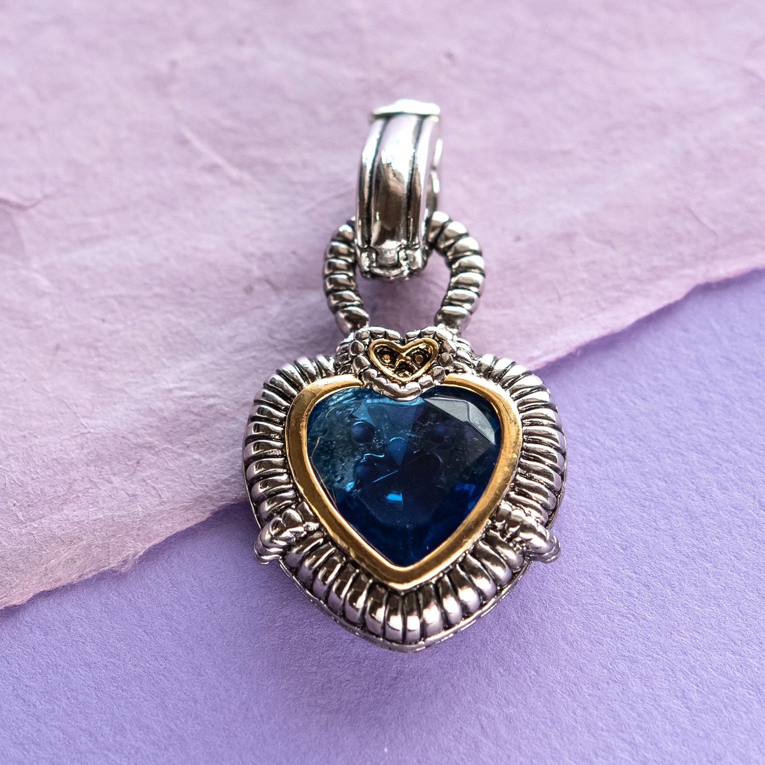 Silver-heart-pendant-aquamarine-blue-glass-heart-insert-Designer-inspired