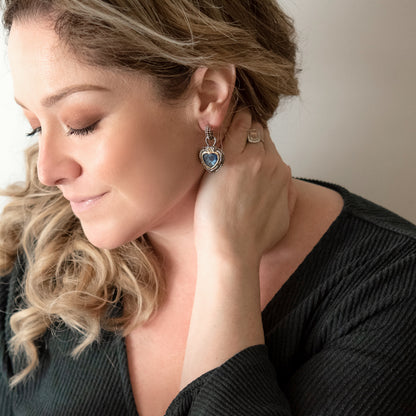 Silver-heart-pierced-earrings-aquamarine-blue-glass-heart-insert-Designer-inspired