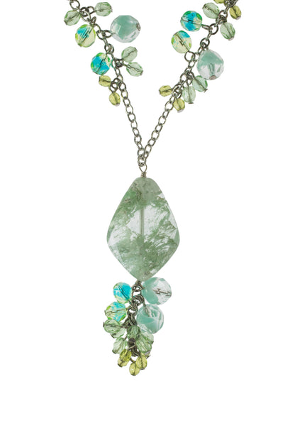 Tropical Beach Genuine Milky Green Quartz and Glass Bead Pendant Necklace with Silver Tone Chain, 19 Inches