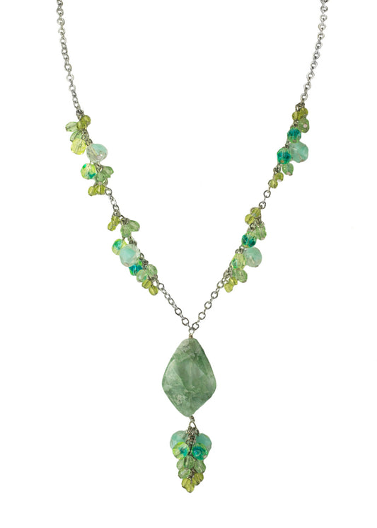 Tropical Beach Genuine Milky Green Quartz and Glass Bead Pendant Necklace with Silver Tone Chain, 19 Inches