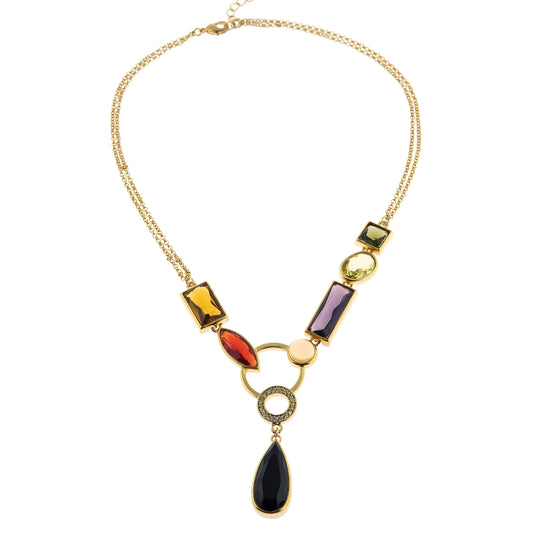 Elegant Multicolor Glass Beaded Y-Necklace with Crystal Ring Drop Gold Tone Chain