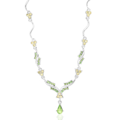 Elegant Crystal Wave Necklace with Green and Yellow Austrian Crystals and Teardrop Pendant, 16 Inch