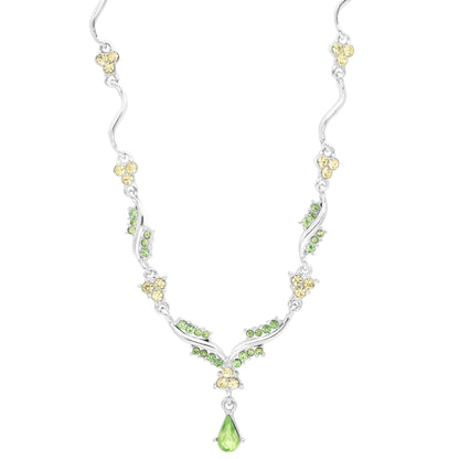 Elegant Crystal Wave Necklace with Green and Yellow Austrian Crystals and Teardrop Pendant, 16 Inch