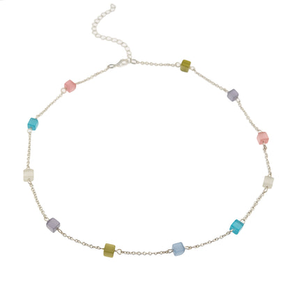 Dainty Pastel Genuine Cat's Eye Cube Station Chain Necklace with Extender