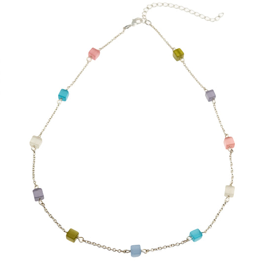 Dainty Pastel Genuine Cat's Eye Cube Station Chain Necklace with Extender