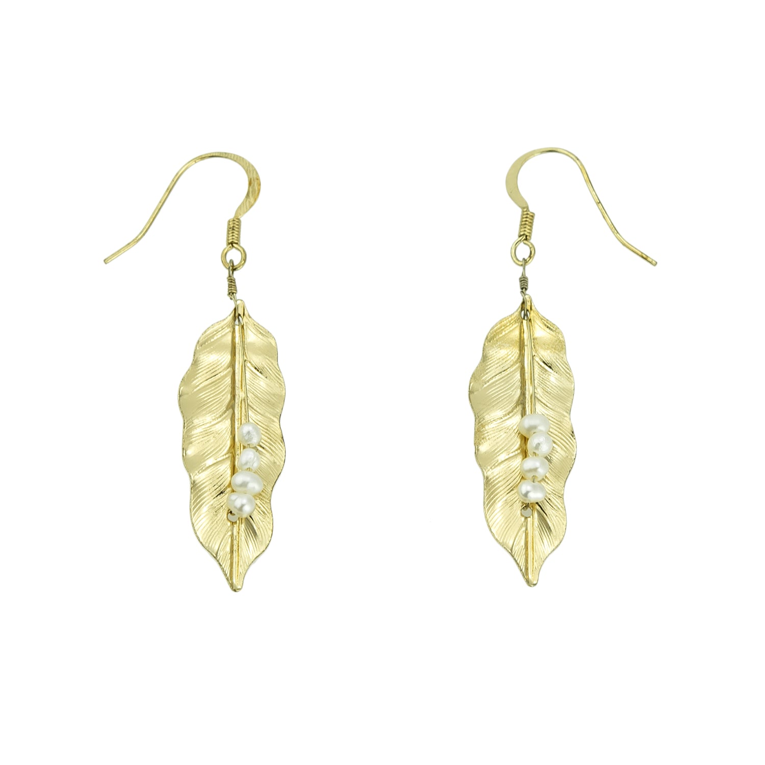 Gold-plated-leaf-pearl-dangle-earrings-2-1/2inches