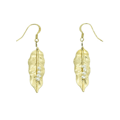 Gold-plated-leaf-pearl-dangle-earrings-2-1/2inches