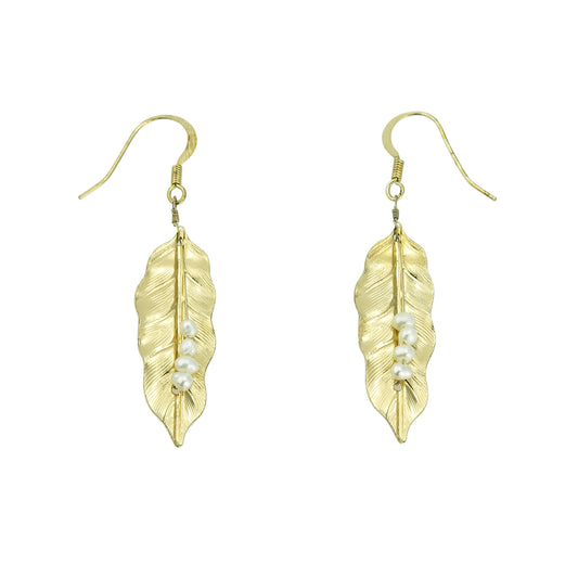 Gold-plated-leaf-pearl-dangle-earrings-2-1/2inches