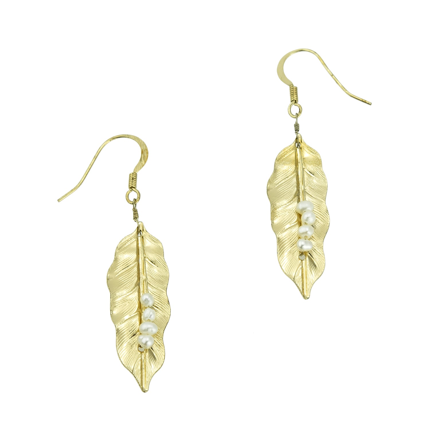 Gold-plated-leaf-pearl-dangle-earrings-2-1/2inches